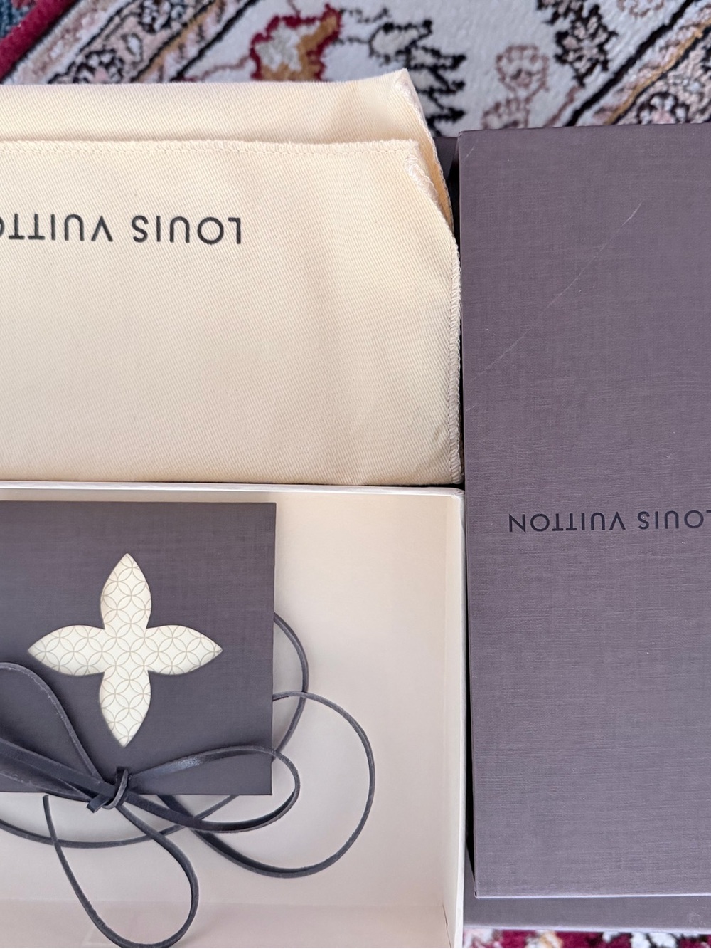 Louis Vuitton Taupe and Cream Gift Box with Card and Ribbon